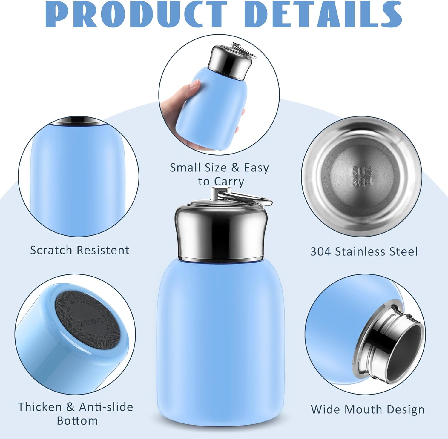 Mifoci 1 Pcs 10oz Mini Water Bottles Stainless Steel Slim Insulated Thermal for Hot Cold Drink Small Vacuum Blue Portable Water Bottle for Women Gifts Travel Camping Hiking